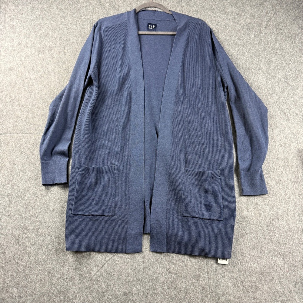 Gap Cardigan Sweater Womens L Blue Indigo Ribbed Open Front Cardigan Sweater NWT